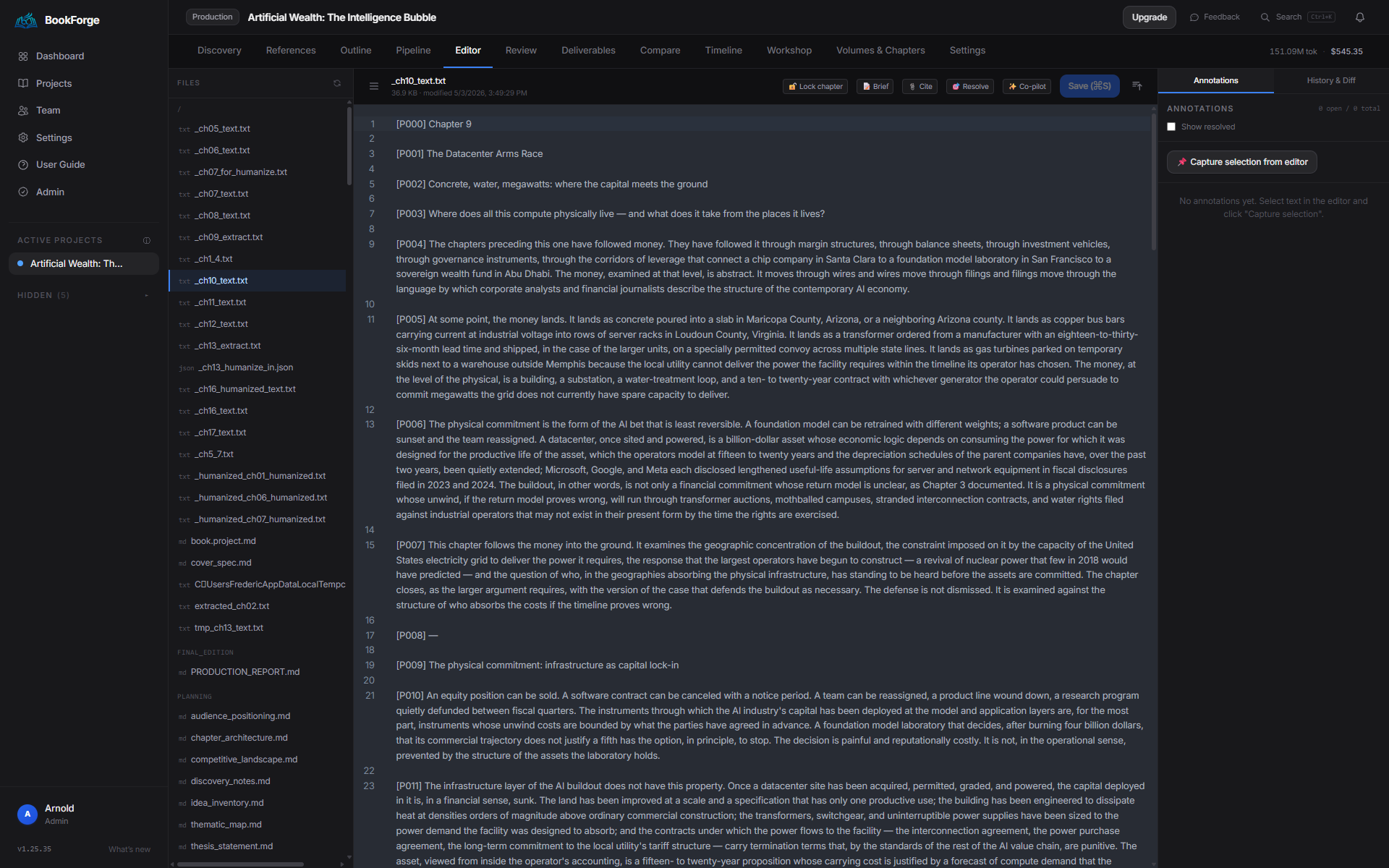 BookForge Editor open on chapter 10 (_ch10_text.txt). Left pane shows the project file tree with chapter files (_ch01_text.txt through _ch17_text.txt, humanized variants, extraction files, planning notes). Center pane shows real chapter prose: 'Chapter X — The Datacenter Arms Race — Concrete, water, megawatts: where the capital meets the ground' with multiple paragraphs of book text about hyperscalers and AI infrastructure. Right pane shows the Annotations panel with a 'Capture selection from editor' affordance.